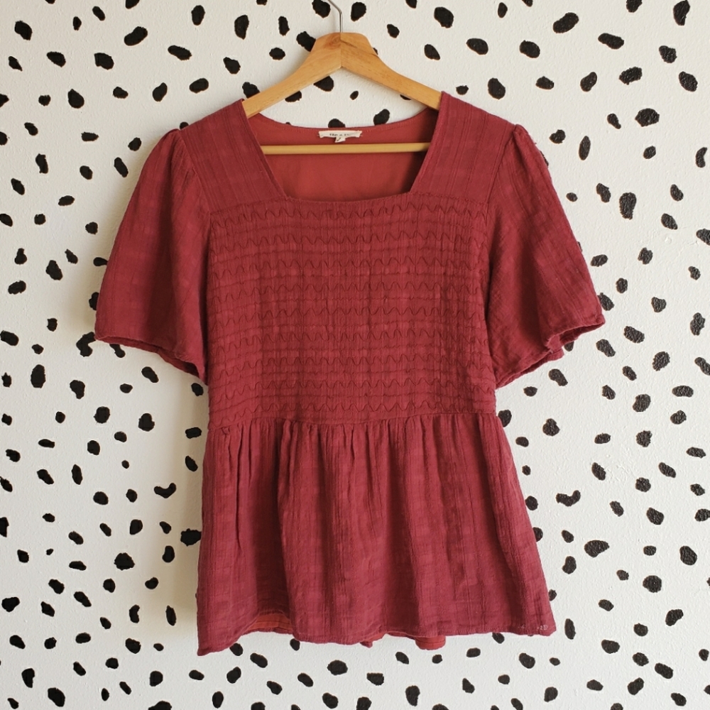 Red Smocked Embroidered Peplum Top